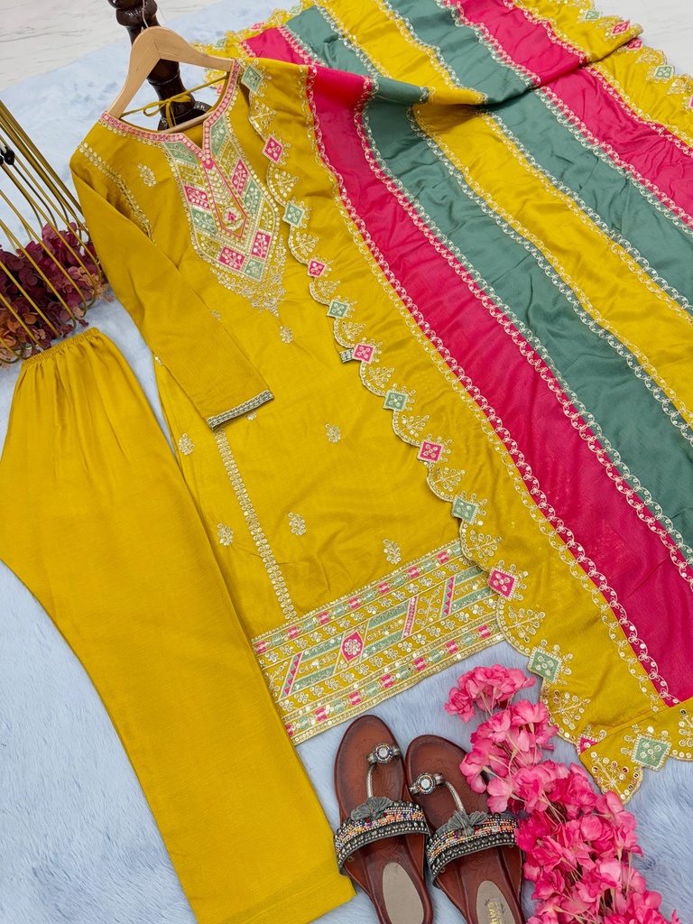 Heavy Pur Chinon Silk Top Plazzo & Multi Color Dupatta Set