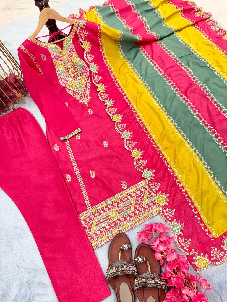 Heavy Pur Chinon Silk Top Plazzo & Multi Color Dupatta Set