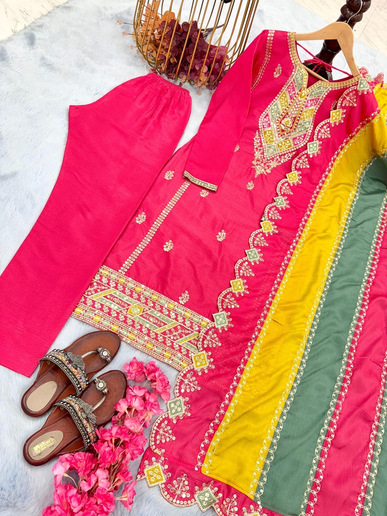 Heavy Pur Chinon Silk Top Plazzo & Multi Color Dupatta Set