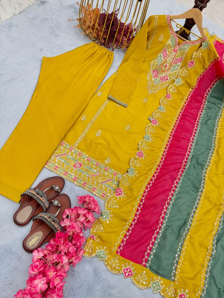 Heavy Pur Chinon Silk Top Plazzo & Multi Color Dupatta Set