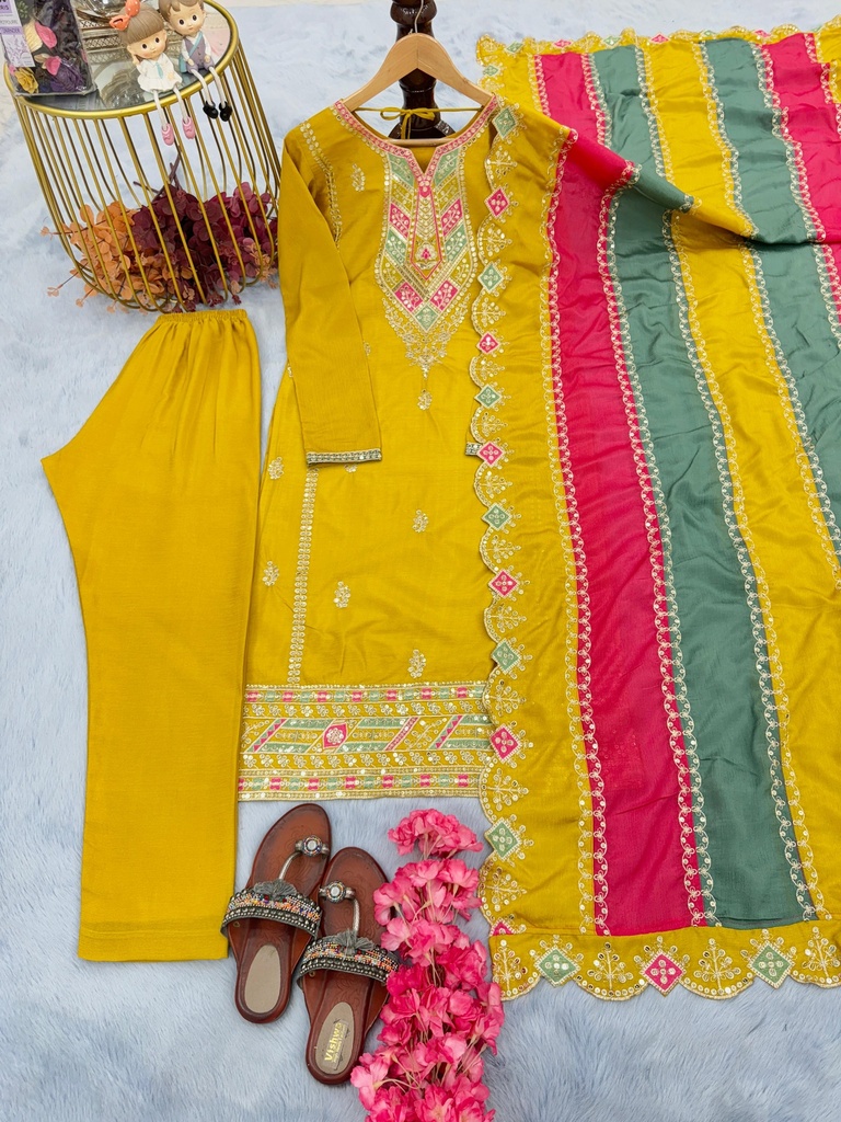 Heavy Pur Chinon Silk Top Plazzo & Multi Color Dupatta Set