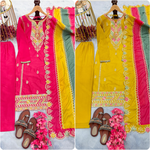 Heavy Pur Chinon Silk Top Plazzo & Multi Color Dupatta Set
